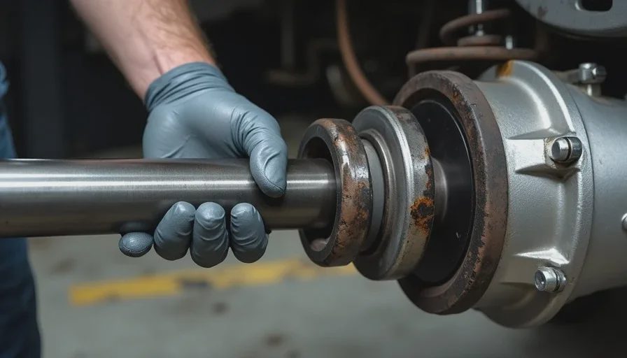 mechanic checking driveshaft u-joint for play during vibration diagnosis