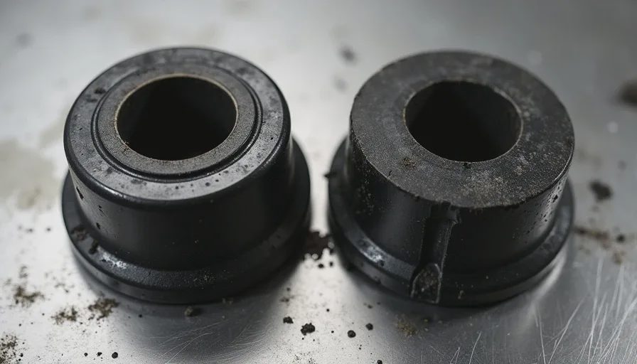 new track bar bushing next to worn 60000 mile bushing on workbench showing compression and cracking
