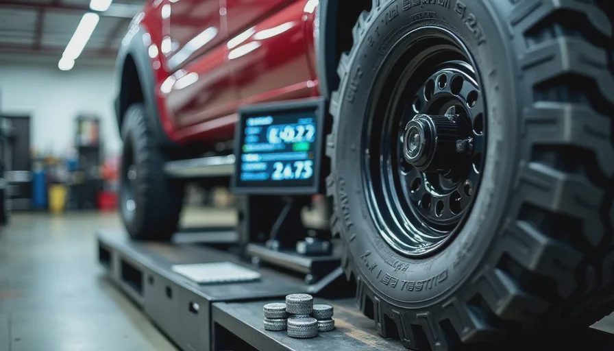 tire balance machine checking wheel runout and balance on truck tire