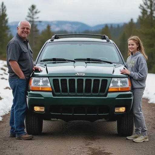 emma grady and walt grady standing next to 2004 wj grand cherokee in shop driveway with rocky mountain background