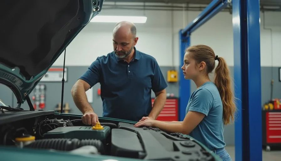 emma and walt looking under hood of wj grand cherokee during live axle lesson in shop