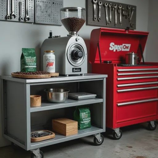 gene cafe coffee roaster in corner of off-road repair shop next to toolboxes
