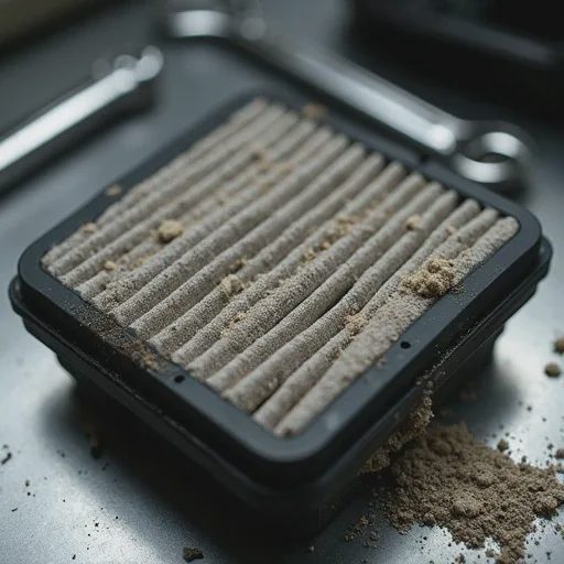 dirty oiled cotton cold air intake filter on truck engine showing dust contamination and poor filtration