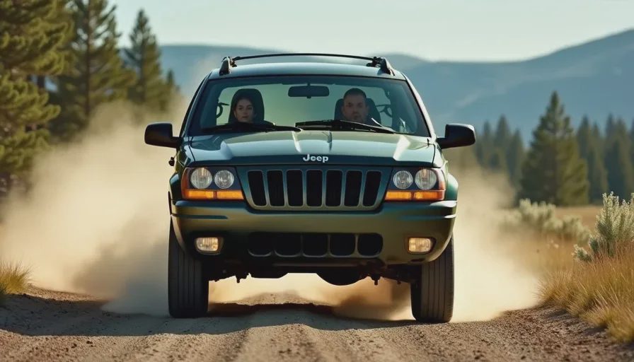emma driving wj grand cherokee on graded dirt road during off-road lesson