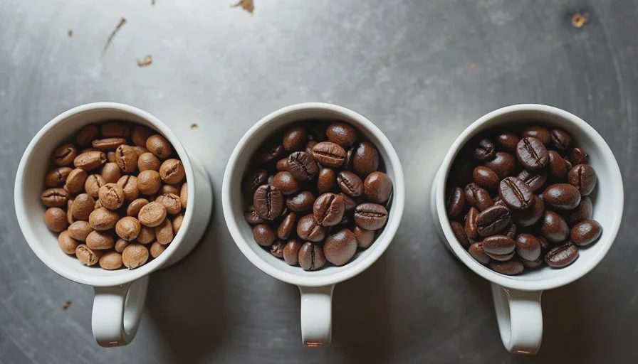 three levels of coffee roast light medium dark side by side in white cups showing color progression on workbench