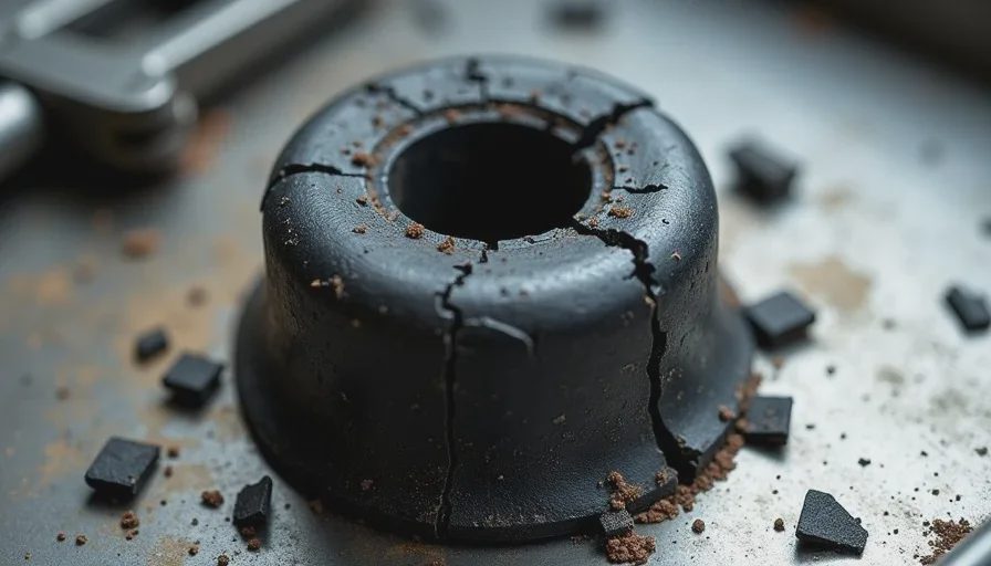 failed track bar bushing with rubber separated from sleeve and deep cracks showing dangerous wear