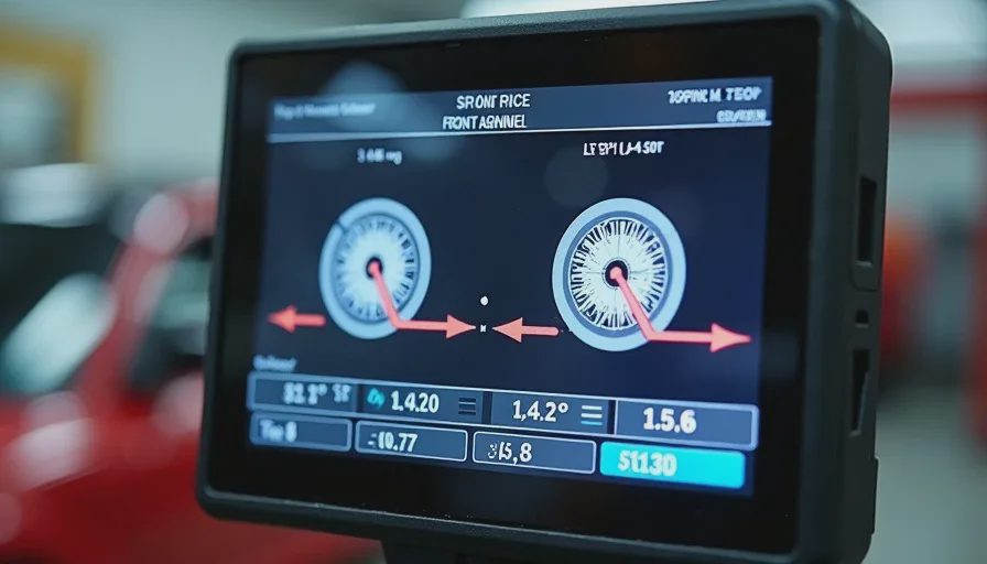 caster angle measurement on alignment rack for lifted truck showing 1.5 degree difference