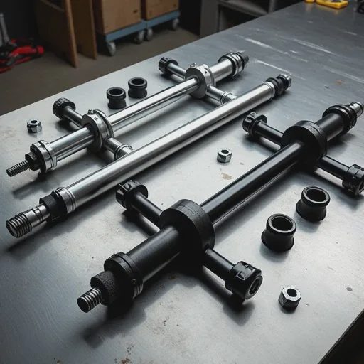 adjustable control arms and track bar on workbench for lift kit upgrade installation