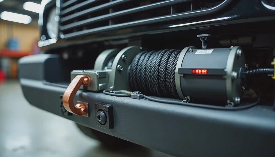 winch installed on truck front bumper with visible electrical wiring and solenoid