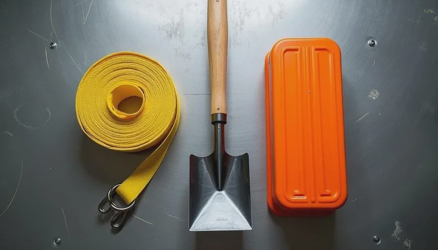 recovery gear including shovel tow strap and traction boards on shop workbench
