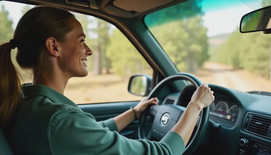 emma driving wj grand cherokee on graded dirt road smiling at camera
