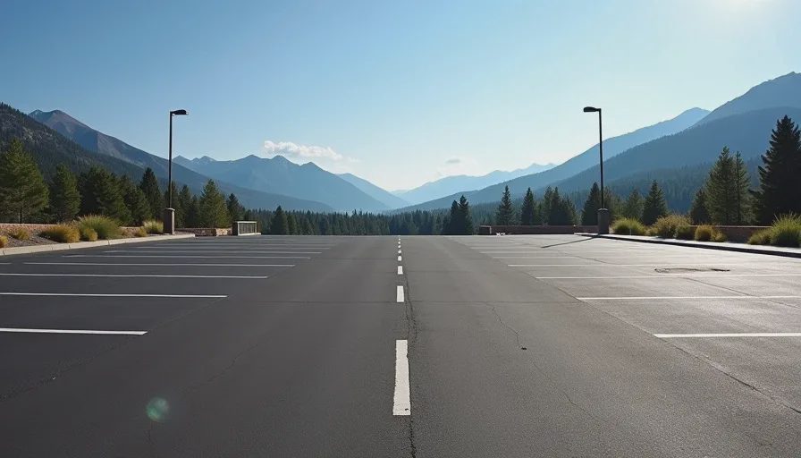 empty school parking lot in silverthorne colorado with mountain backdrop and white pavement markings