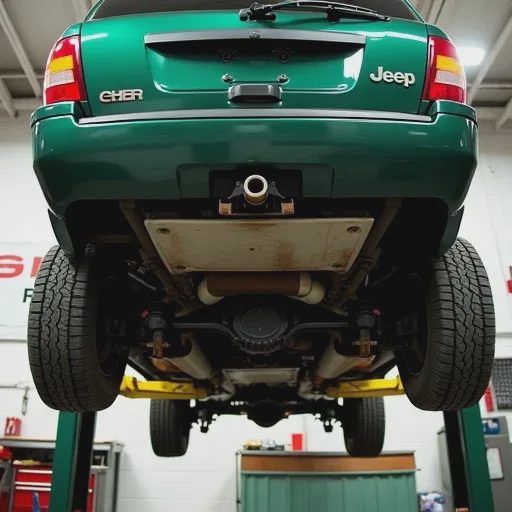2004 wj grand cherokee on lift for baseline mechanical inspection showing undercarriage