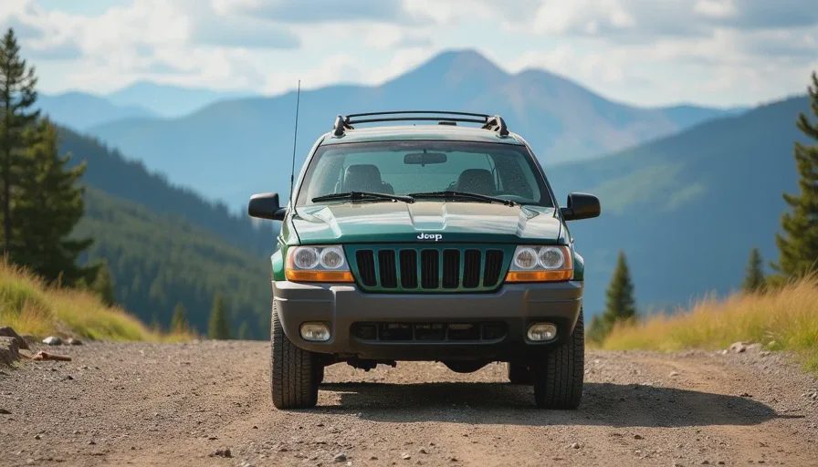 wj grand cherokee parked at trailhead parking lot with mountains and forest background