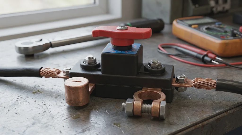 closeup of pure copper battery cut off switch contacts