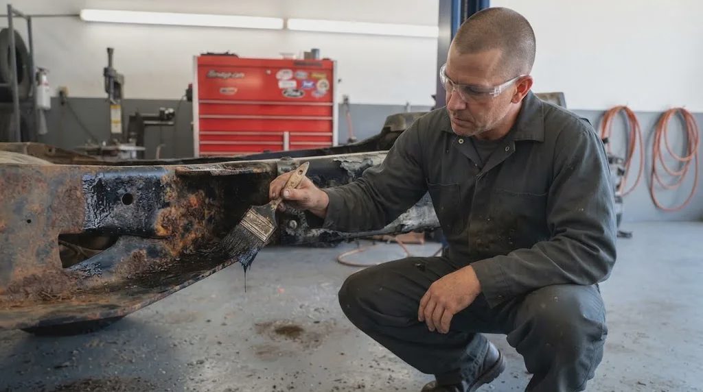 Applying rust converter primer to F-250 truck frame in shop