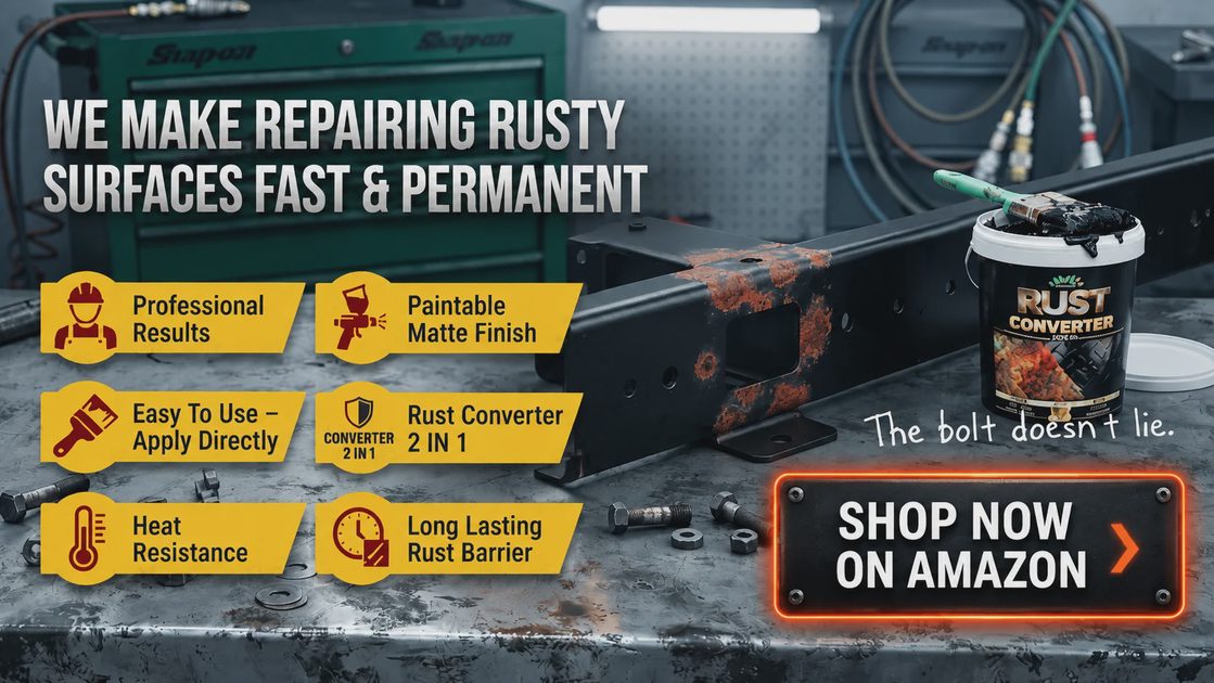 Meuvcol rust converter primer used on truck frame with Shop Now on Amazon button