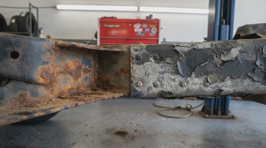 Rusty F-250 truck frame before applying rust converter primer