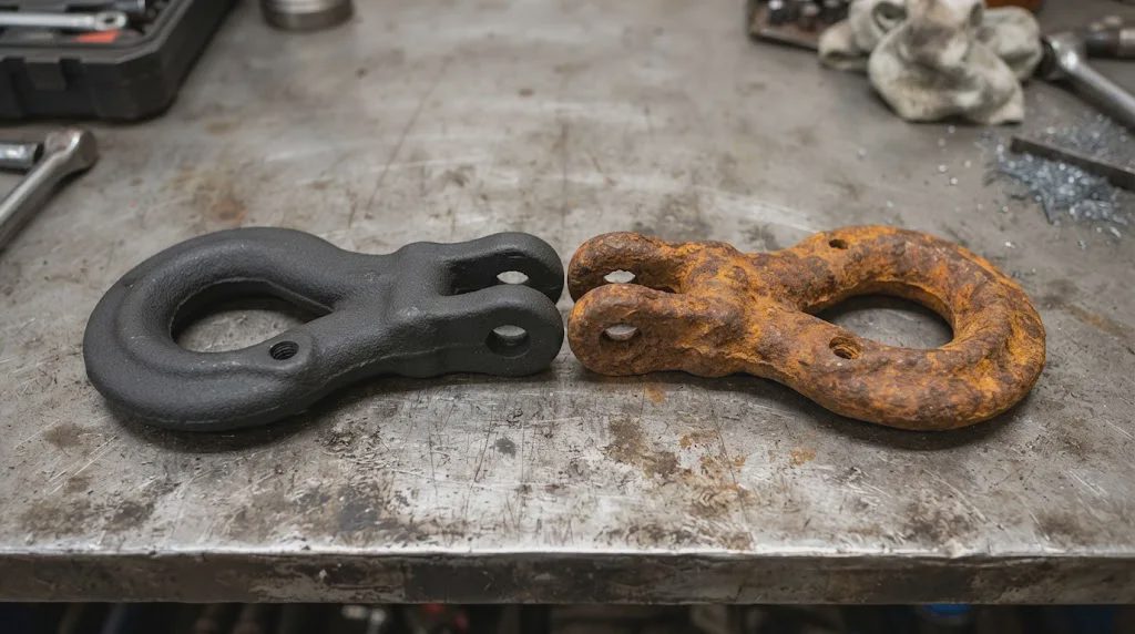 Treated vs untreated control patch after rust converter primer on trailer tongue