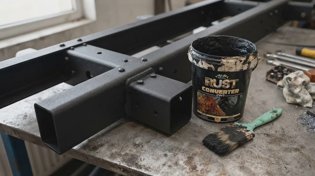 Cured black rust converter primer finish on truck frame after 24-hour cure