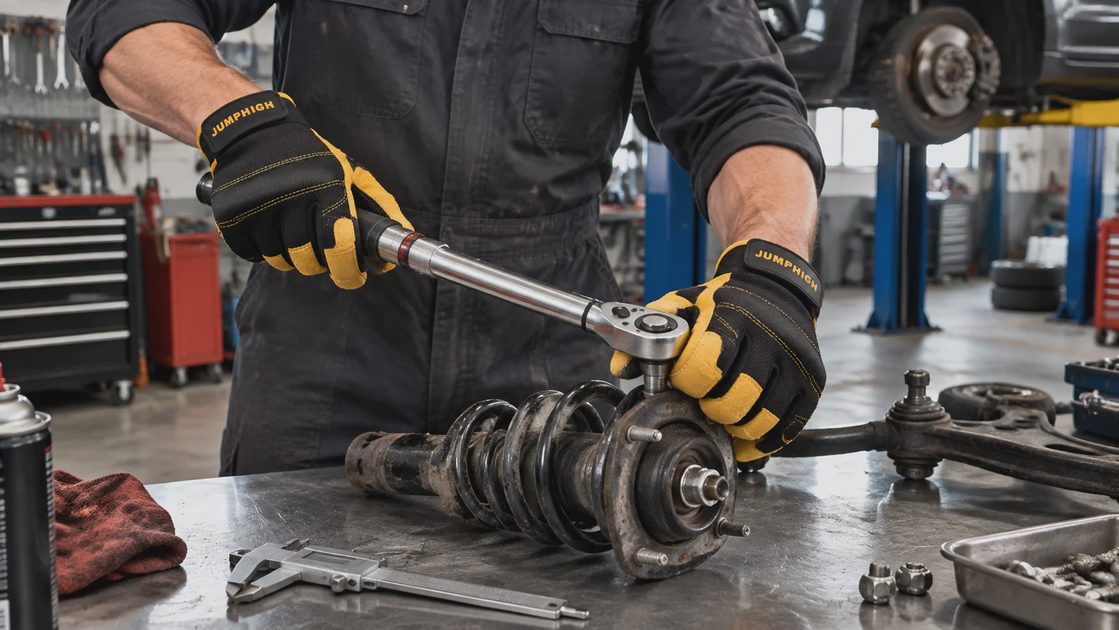 Mechanic wearing JUMPHIGH work gloves using a torque wrench on a coilover and ball joint assembly on a shop bench.