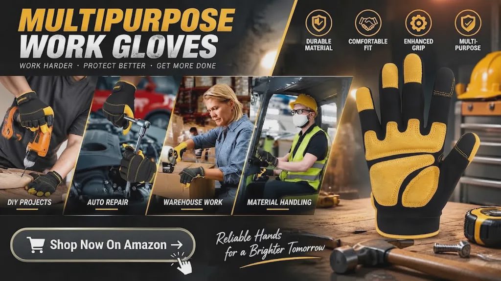 Multipurpose work gloves for DIY, auto repair, warehouse, and material handling, with durable grip and comfortable fit.