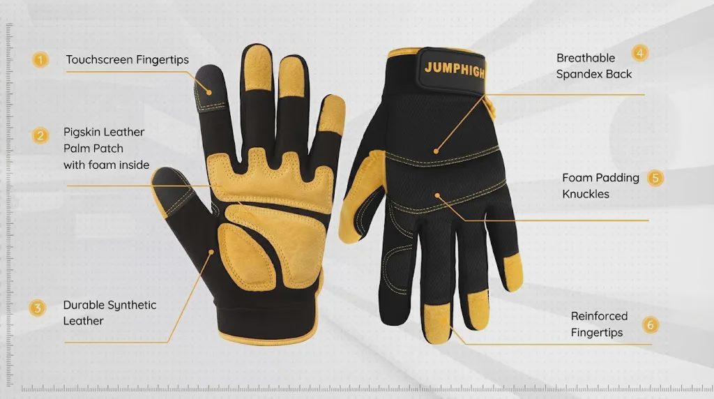 JUMPHIGH mechanic work gloves with touchscreen fingertips, pigskin palm patch, spandex back, and foam knuckle padding.