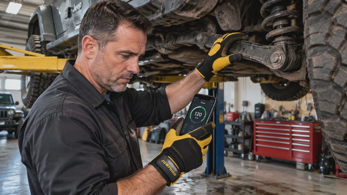 Mechanic under a lifted Jeep wearing JUMPHIGH touchscreen work gloves, checking a 120 ft-lb torque value on his phone without removing them.