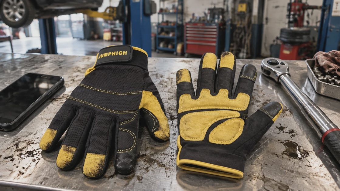 JUMPHIGH mechanic work gloves on a greasy shop bench beside a smartphone and torque wrench, showing palm and back wear after use.